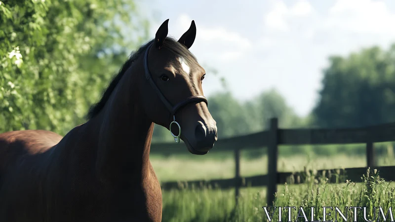 Chestnut horse in sunlit pasture with soft depth of field.
