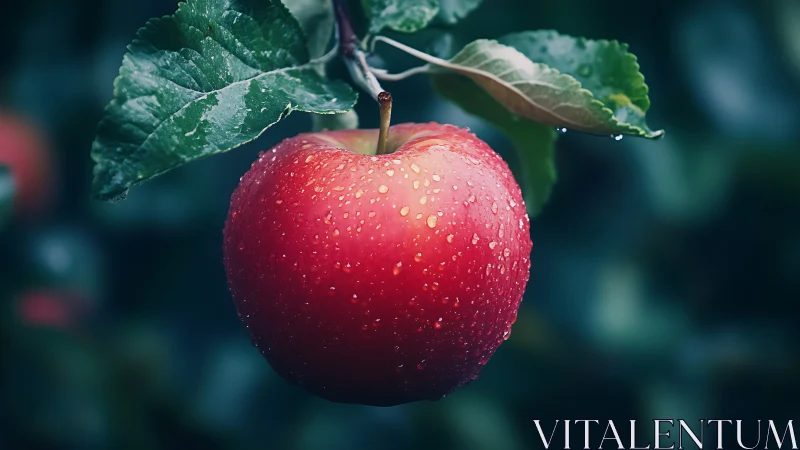 Ripe red apple with water droplets on tree branch.