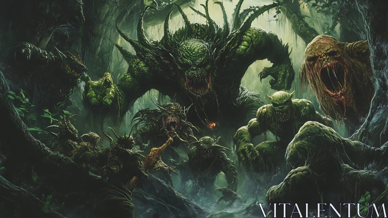 Grotesque forest monsters surge from the twisted jungle depths.