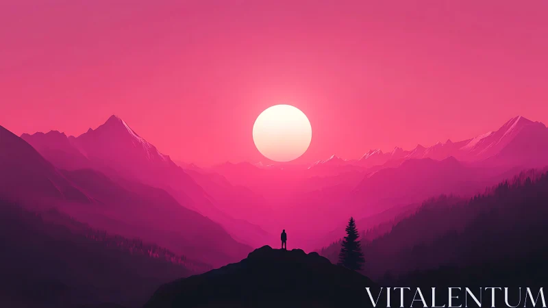 Solitary figure observing stylized pink mountain sunset.