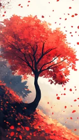 Crimson hillside tree sways while autumn leaves whirl upward