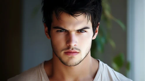 Intense young man stares forward in soft natural light.