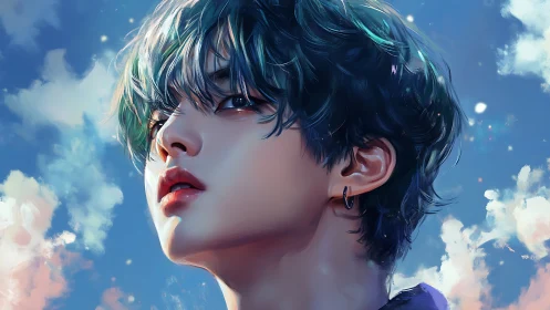 Dreamy blue-haired youth gazes upward in luminous sky portrait.