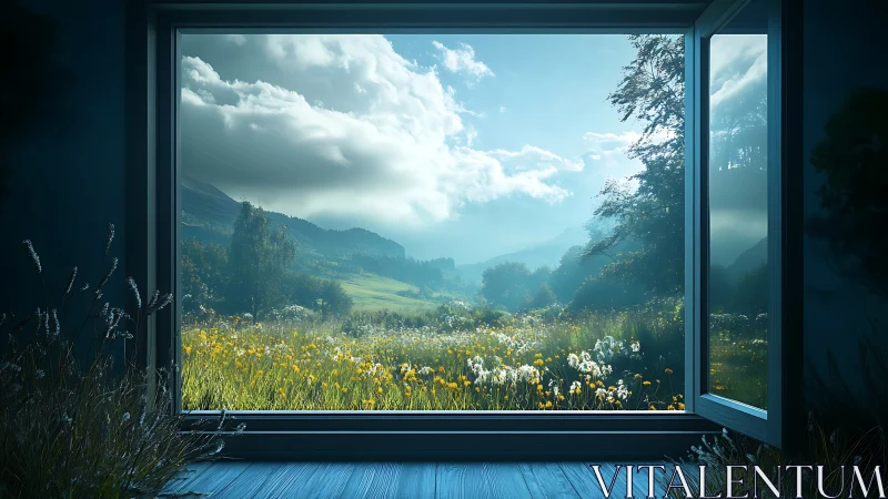 Window-framed meadow landscape with volumetric light and deep focus