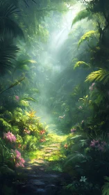 Digital forest pathway with filtered sunlight illuminating lush jungle vegetation