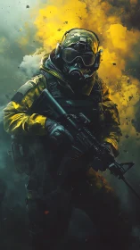 Soldier in tactical gear stands before dense yellow smoke