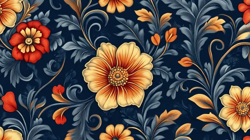 Ornate yellow and red floral pattern fills deep navy background