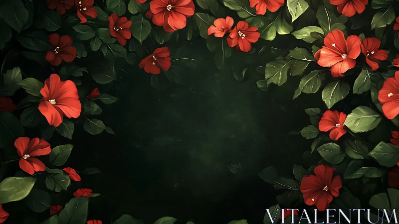 Red Floral Border Composition Against Dark Green Background.