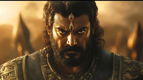 Warrior in ornate armor under warm cinematic lighting.