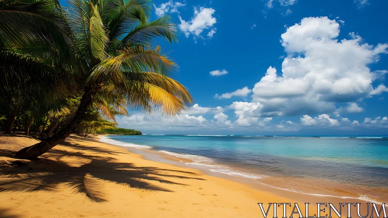 Tropical beach with palm tree canopy casting shadows.