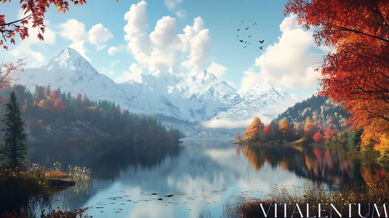 Tranquil autumn lake cradled by snowy mountain peaks.