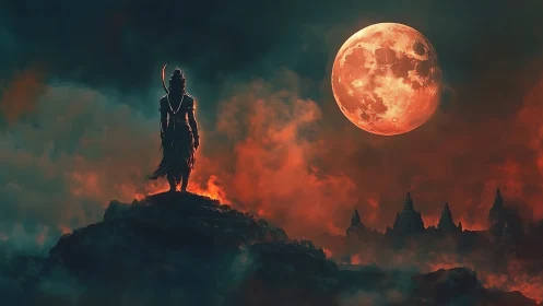 Warrior silhouette under blood moon above burning temples.