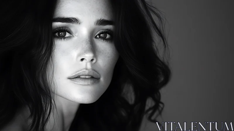 Soft grayscale gaze carves quiet light into deep shadow