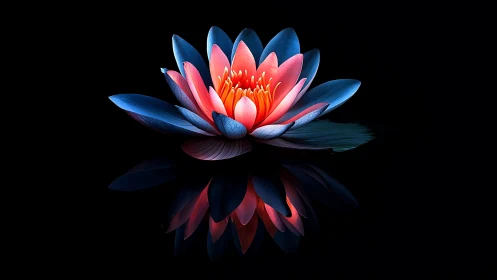 Pink and Blue Water Lily with Reflection.