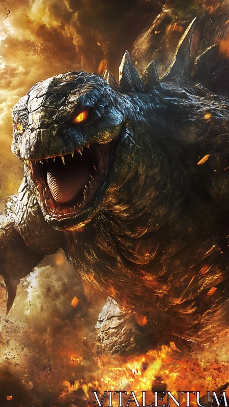 Titanic lava-drenched kaiju charging through erupting inferno.