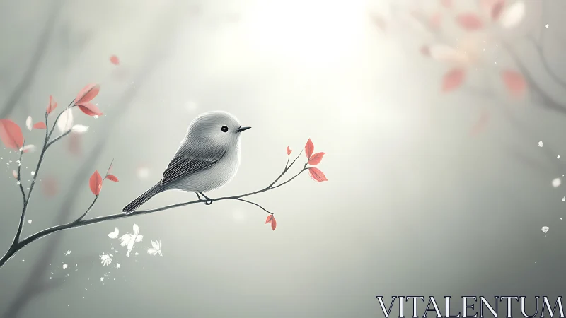 Delicate songbird on branch in dreamy minimalist illustration.