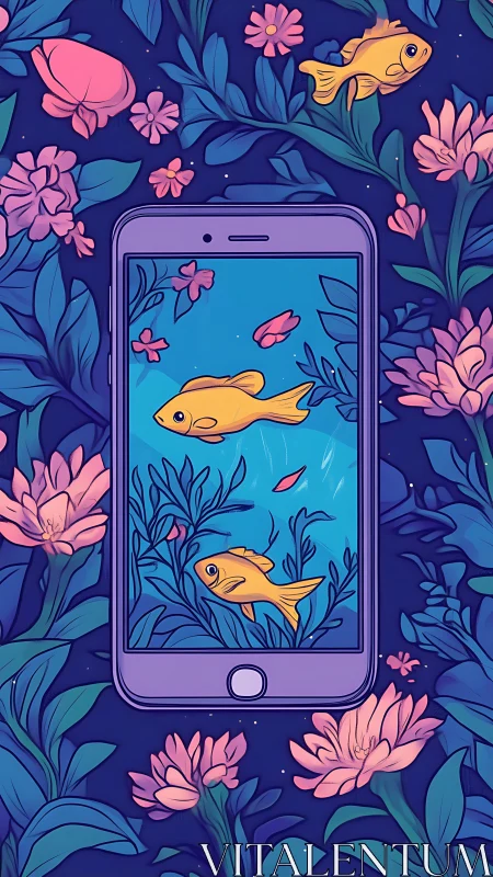 Glowing goldfish swim through a phone in a dreamy floral sea