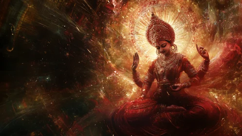 Celestial goddess meditates within radiant cosmic vortex.