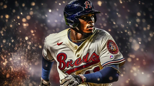 Baseball player in Braves uniform under stadium lights.