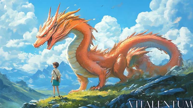 Boy confronts towering orange dragon on sunlit mountain ridge