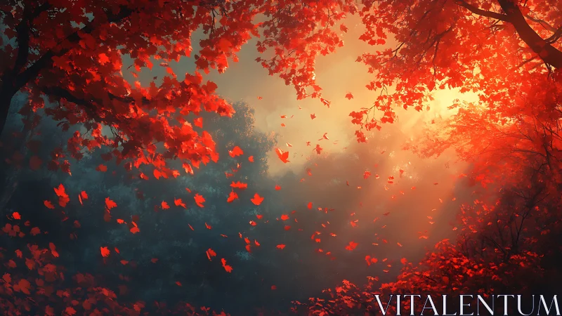 Red foliage canopy over forest clearing in diffuse light.
