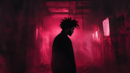 Solitary figure walks through red neon haze in a corridor