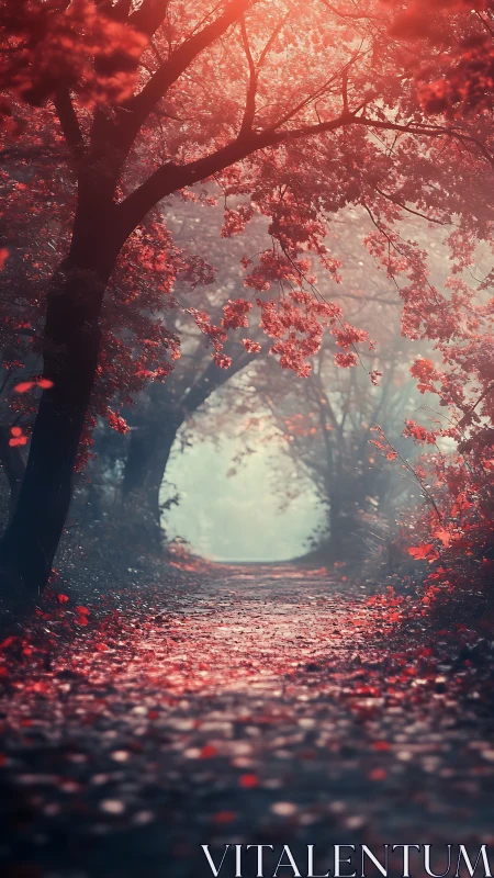 Crimson forest path glows under soft ethereal backlight.