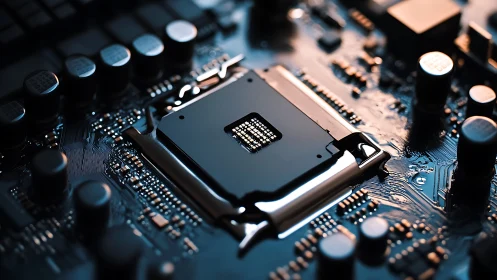 CPU socket on high-density motherboard under cool lighting