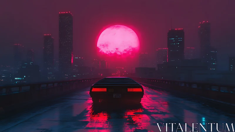 Retro car on wet highway under large neon pink moon.