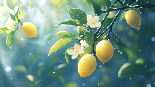 Backlit lemon branch renders with dew, bokeh and soft bloom lighting