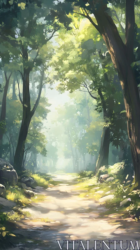 Rendered forest pathway with volumetric atmospheric lighting through deciduous canopy