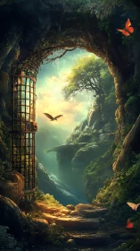 Sunlit cliffside portal opening toward misty fantasy valley