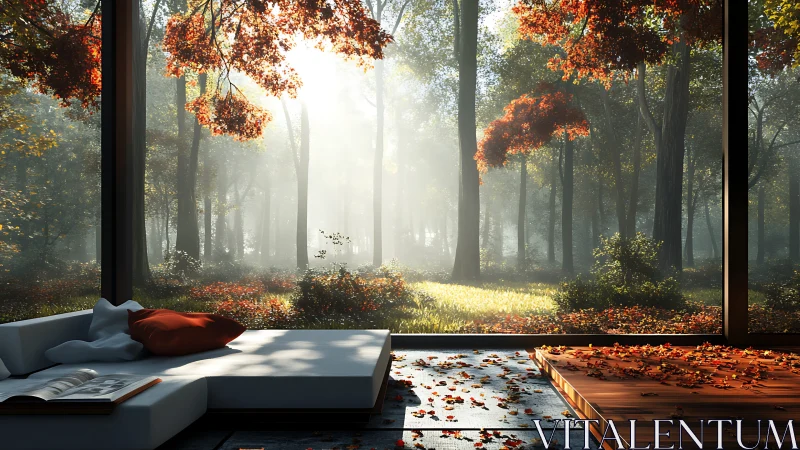 Autumn Forest View From Contemporary Interior Space.