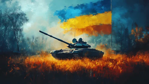 Ukrainian tank advances beneath bold blue yellow banner.