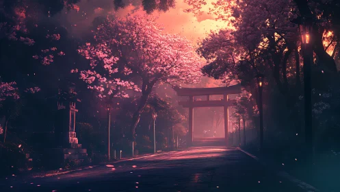 Twilight shrine path under luminous cherry blossoms glow.