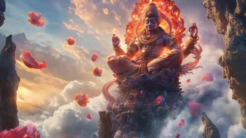 Radiant sky deity in lotus calm above drifting clouds.