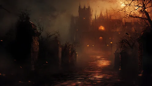 Gothic castle on misty pathway with warm interior lights.