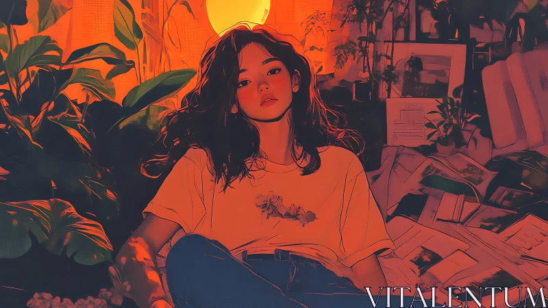 Moody girl in sunlit room with plants and scattered papers.