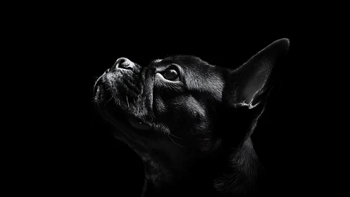 Black French bulldog gazes upward in dramatic low key light