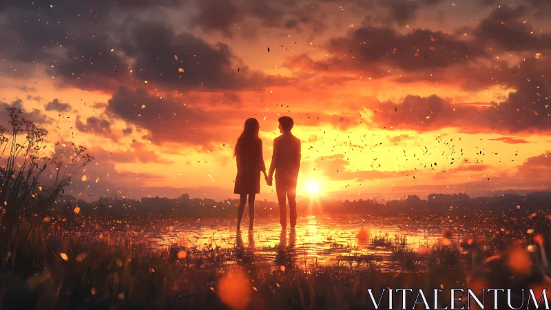 Silhouetted Couple Holding Hands Against Vivid Sunset Over Water