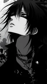 Monochrome anime portrait of male figure with chains.