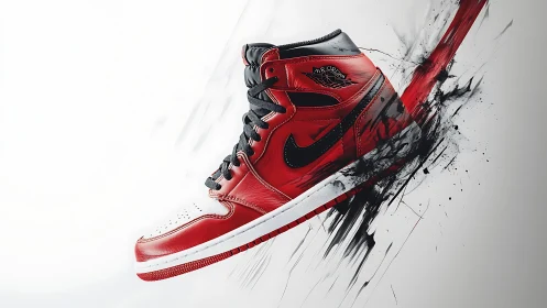 Red high-top sneaker bursts through abstract paint streaks