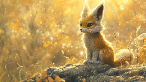 Golden light fantasy fox sitting on sunlit stone.