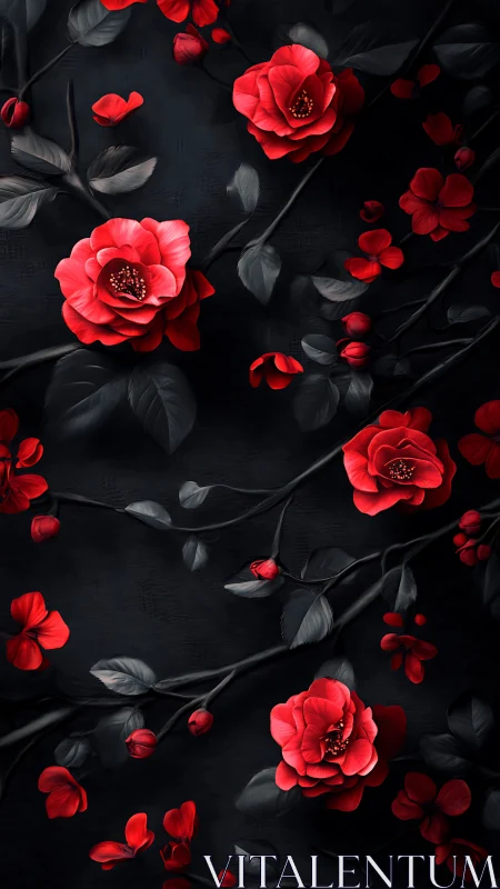 Red blooms emerge from darkness, luminous against charcoal foliage