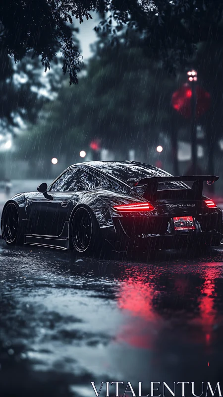 Midnight sports car poised in neon-soaked city rainstorm.