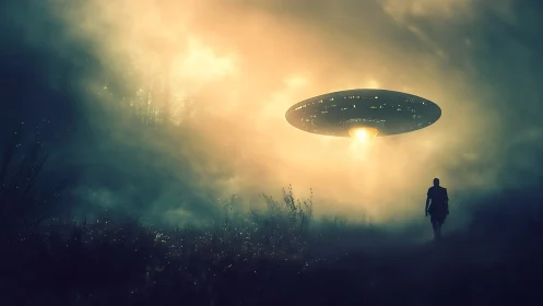 Misty forest sky glows as a lone figure meets a hovering UFO