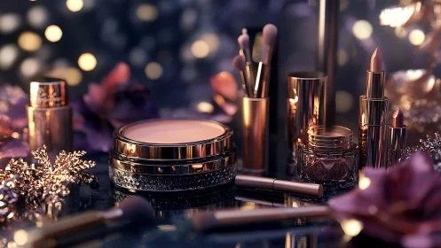 Luminous rose-gold cosmetic array under shallow depth-of-field.