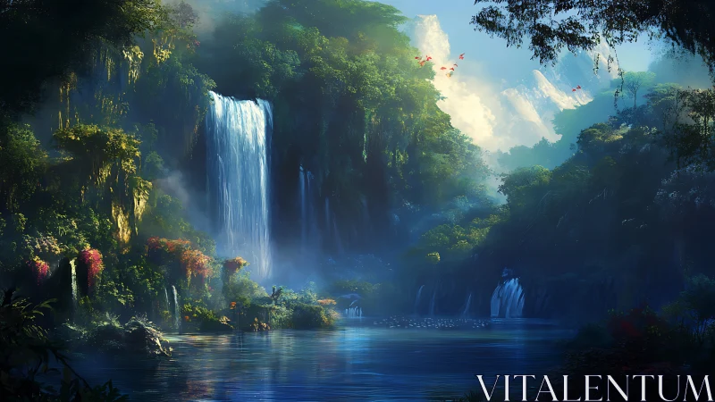 Mystic jungle waterfall cascades into a serene blue lagoon