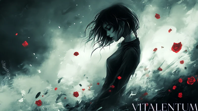 Melancholic girl in dark mist with scattered red roses.