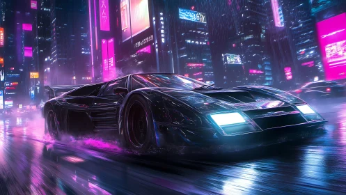 Neon-infused supercar racing through rainy cyber cityscape.